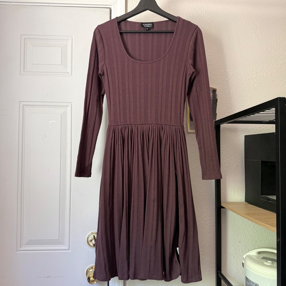 NWT‎ KNOWN SUPPLY plum purple chunky ribbed rib square long sleeve midi dress